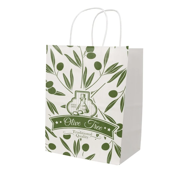 One Color 1-Sided White w/ White Handle Shopper Paper Bags (8"x 10.25"x 5") 1