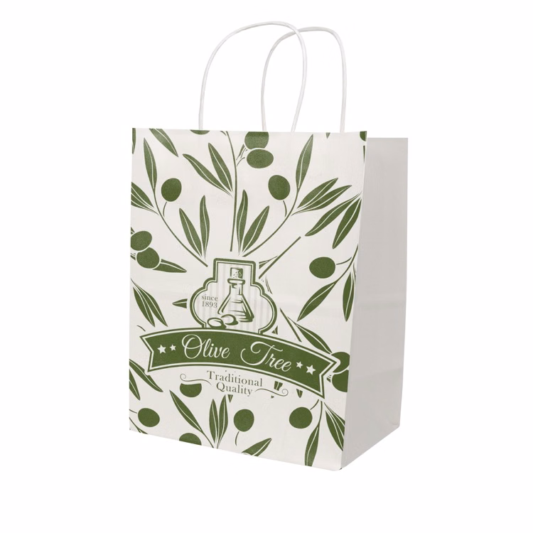 One Color 1-Sided White w/ White Handle Shopper Paper Bags (8"x 10.25"x 5")