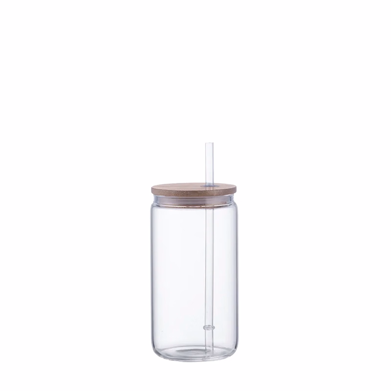 Unbranded 18 oz Glass Tumbler with Bamboo Lid and Plastic Straw
