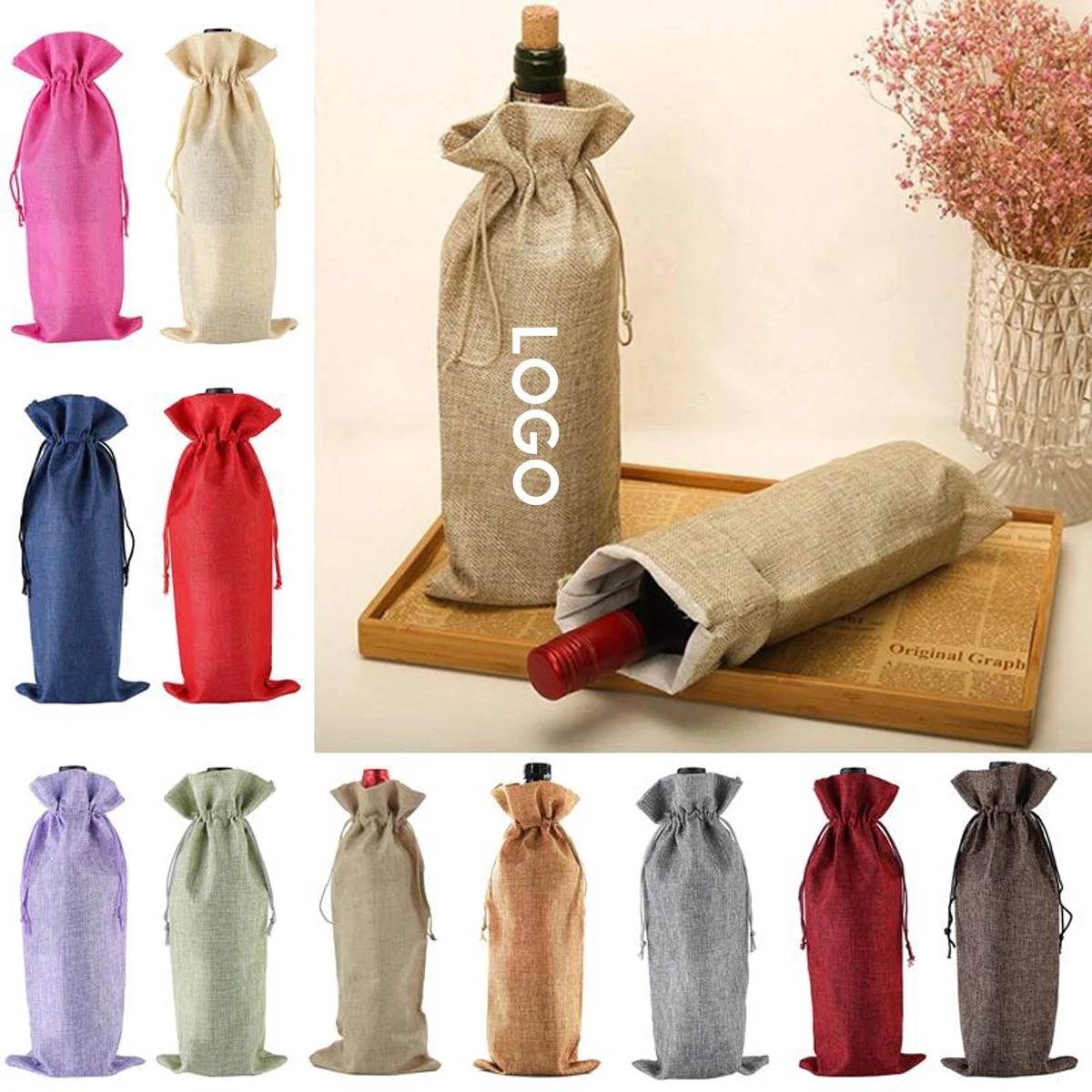 Drawstring Jute Wine Bag 1