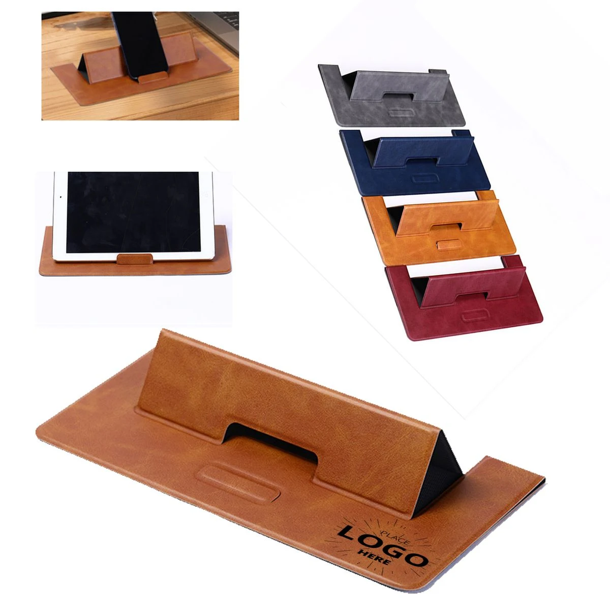 Custom Single-Color Logo PU Leather Foldable Desktop Stand With Safe Non-Pollution Printing 1