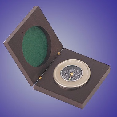 Chrome Compass In Wooden Box