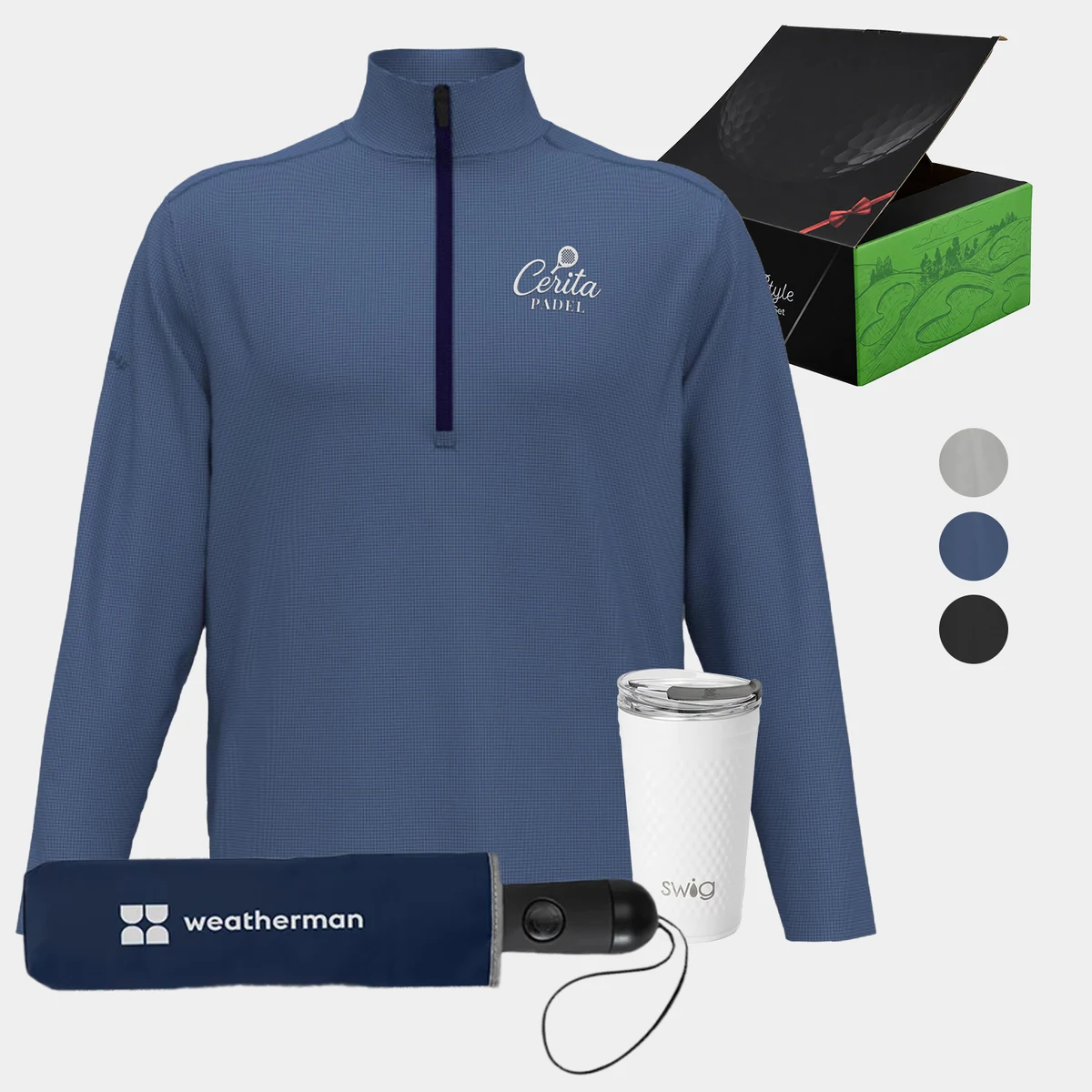 24 oz SWIG® Golf Cup SS Tumbler, Callaway® Men's Golf Pullover & Weatherman® Umbrella Gift Set 1