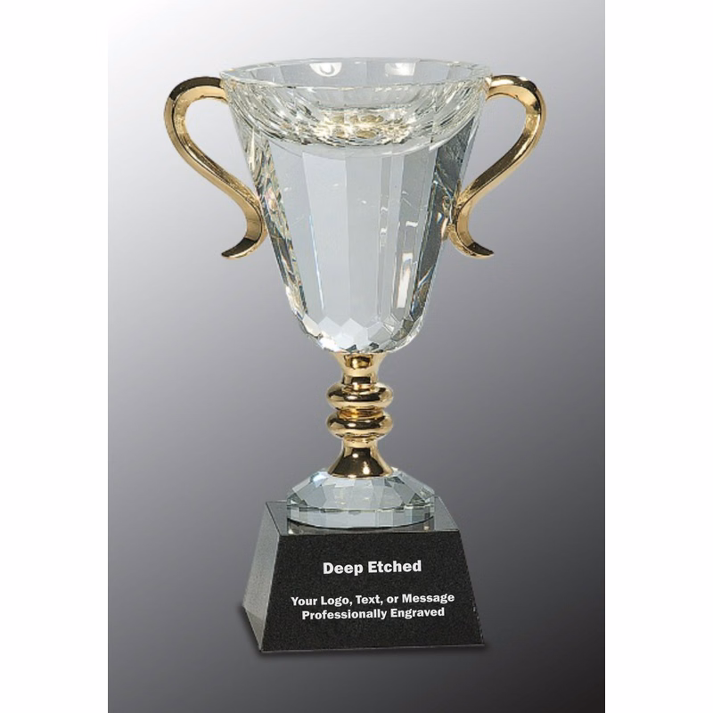 10" Crystal Cup with Gold Handles and Stem Crystal Award