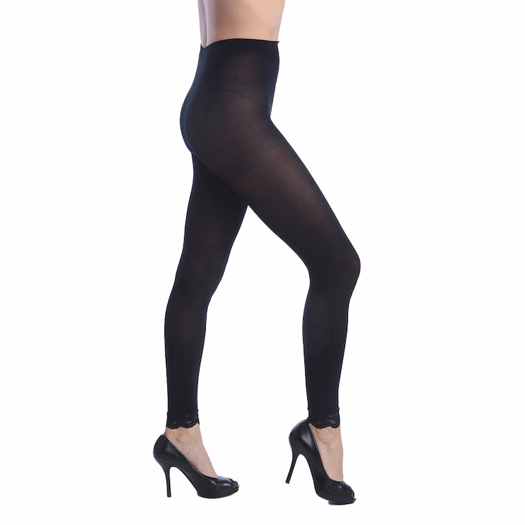 Women's Opaque Control Top Footless Lace Tights - Black One Size Fits Most
