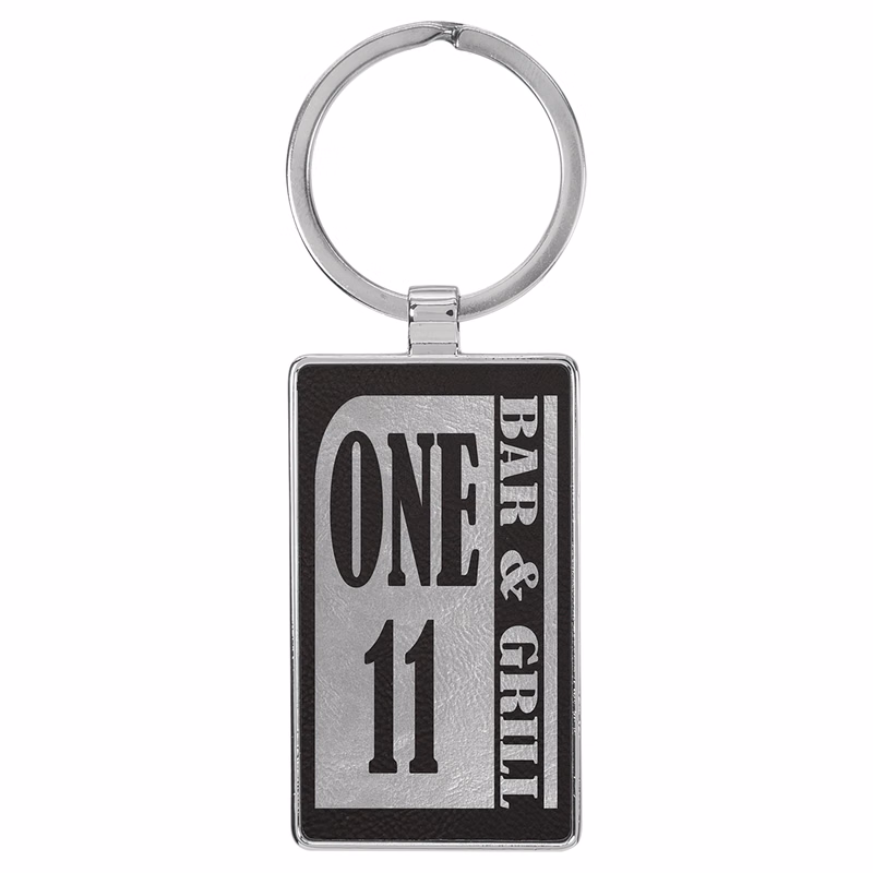 2 3/4" x 1 1/4" Leatherette/Metal Black/Silver Rectangle Keychain