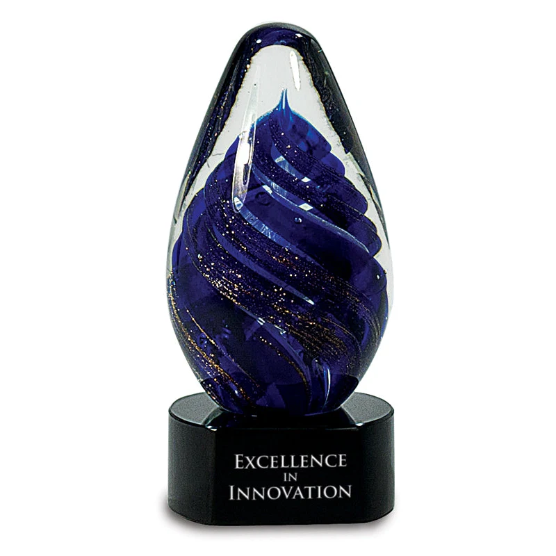 6.5" Blue Tear Drop Art Glass On Black Base 1
