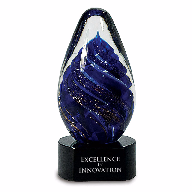 6.5" Blue Tear Drop Art Glass On Black Base