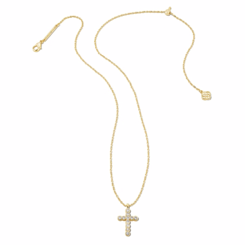 Kendra Scott Cross Gold Pendant Necklace in White CZ