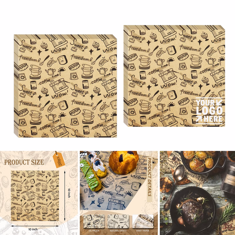 10"x10" Coffee Theme Hamburger Sandwich Basket Liner Grease Resistant Food Wrapper Paper Sheet
