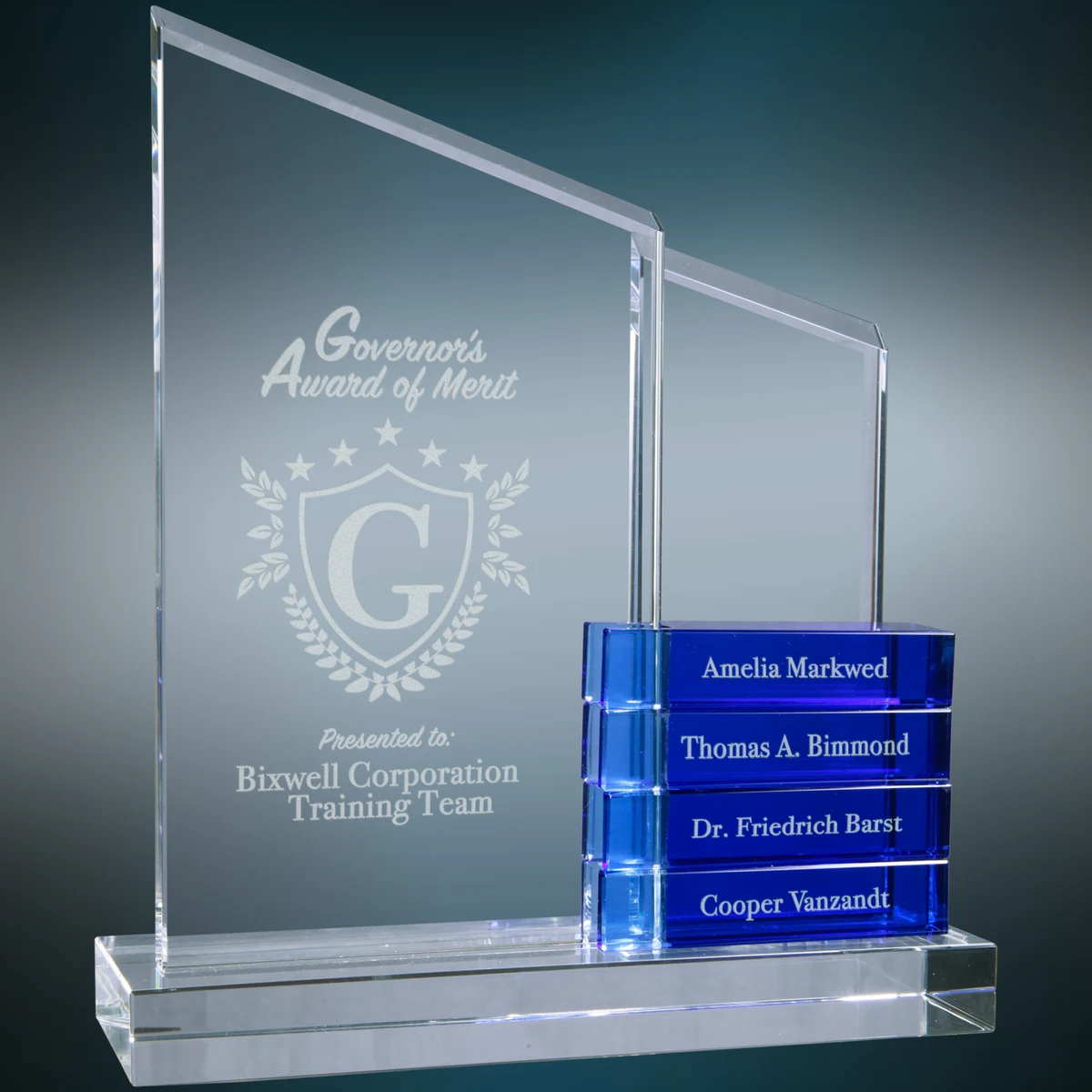 8" x 9" Crystal Perpetual Standup Plaque with Blue Crystal Blocks Award 1