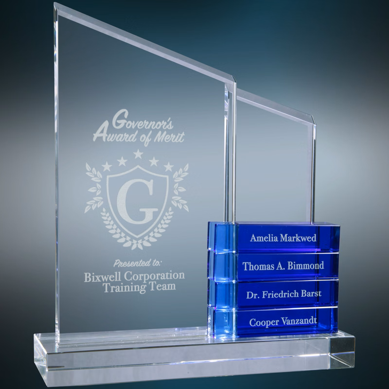 8" x 9" Crystal Perpetual Standup Plaque with Blue Crystal Blocks Award