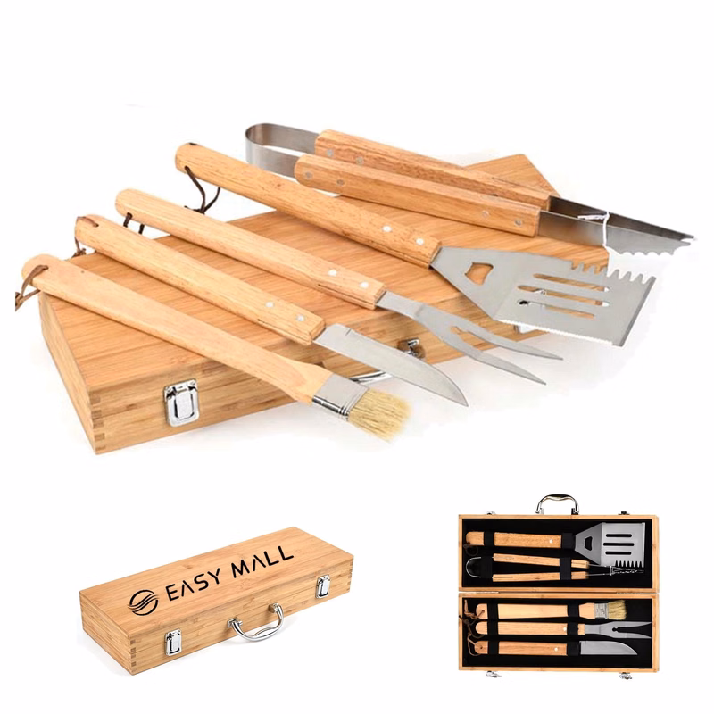 5pcs Outdoor Stainless Steel BBQ Tool Set w/ Bamboo Case