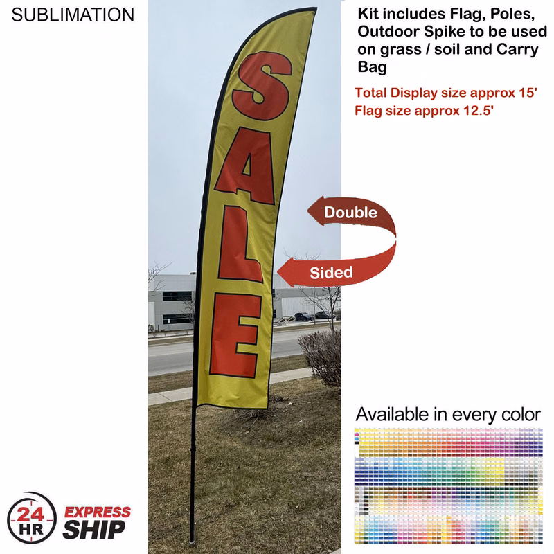 24Hr Express Ship - 15' Large Feather Flag Kit, Full Color Graphics Double Sided, Spike and Bag.