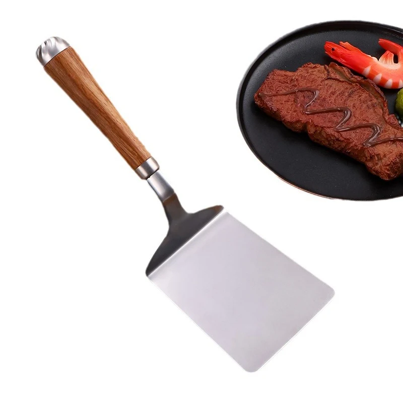 Wooden Handle Stainless Steel Spatula Steaks Pizzas Pancakes 1