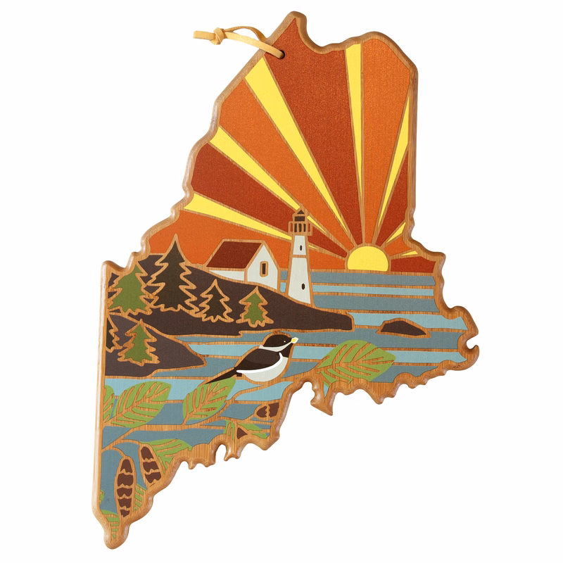 Maine State Shaped Serving and Cutting Board with Artwork by Summer Stokes