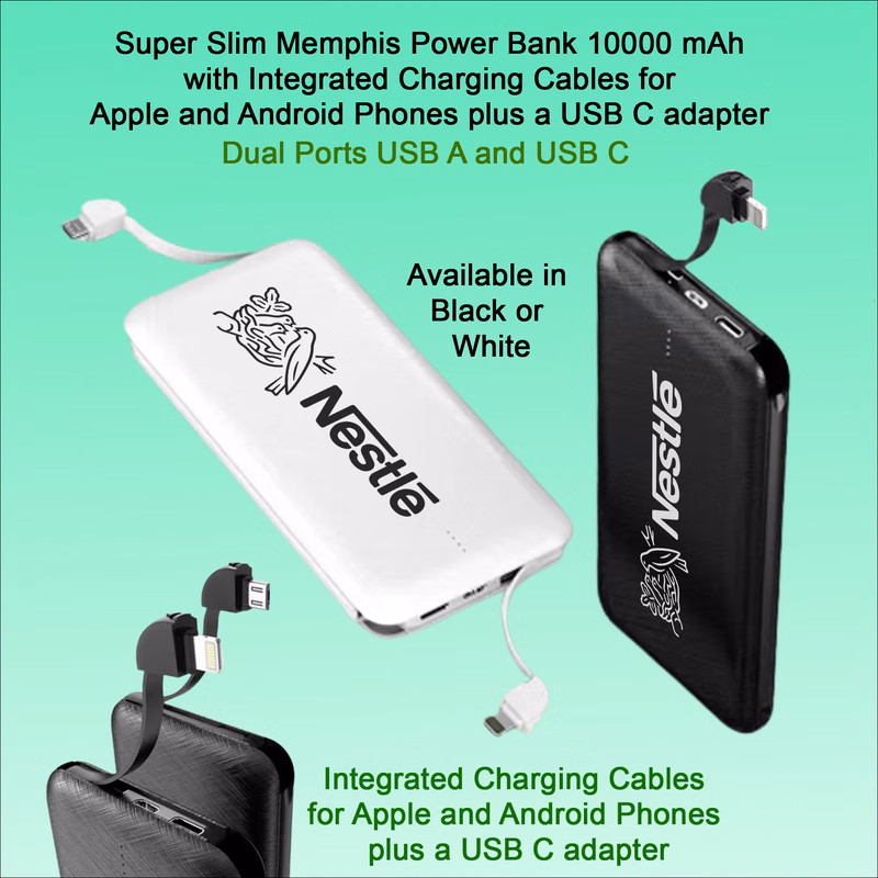 Super Slim Memphis Power Bank- 10000 mAh - with integrated Charging Cables No Extra Tariff