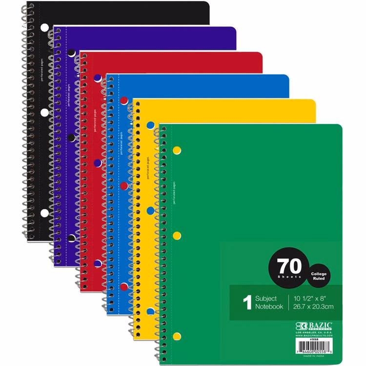 College Ruled Spiral Notebook - 70 Sheets 6 Colors 1 Subject