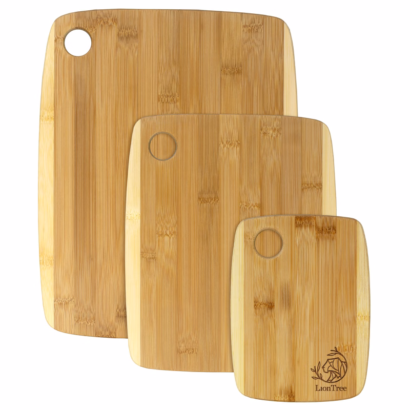 3-Piece Two-Tone Bamboo Serving and Cutting Board Set, 14" x 11" x 3/8", 11" x 9" x 3/8", and 8" x 6