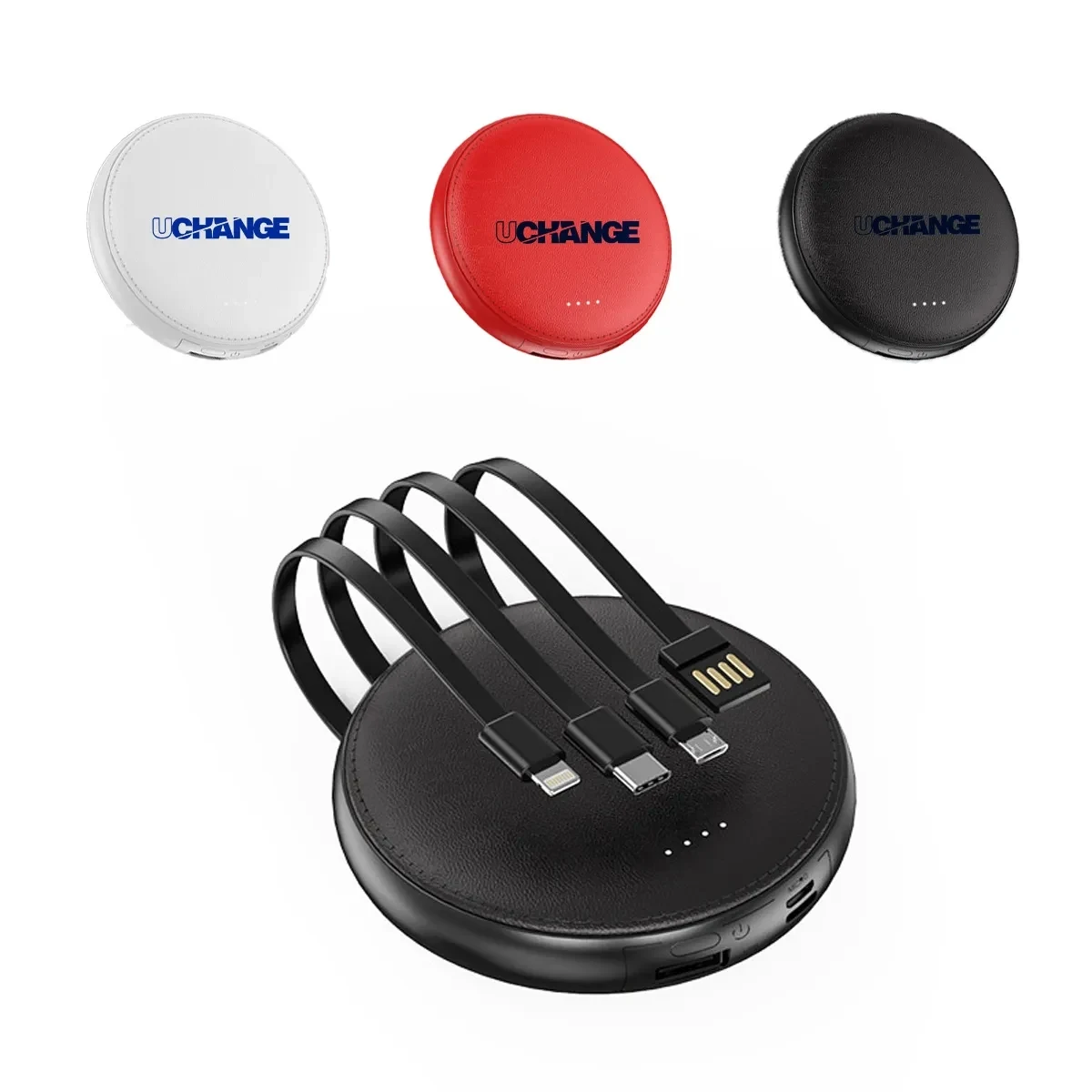 Round Portable Power Bank With Built-In Cables 1