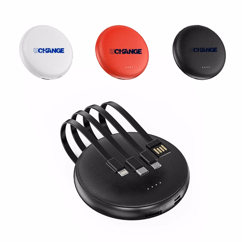 Round Portable Power Bank With Built-In Cables