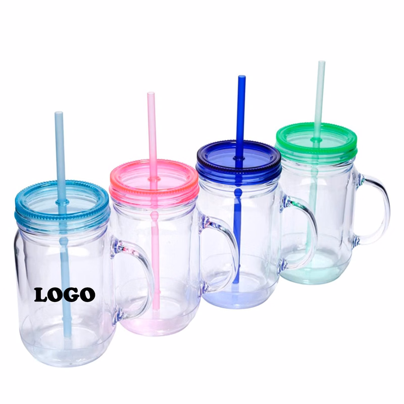 17 Oz Clear Plastic Double Wall Mason Jar With Handle