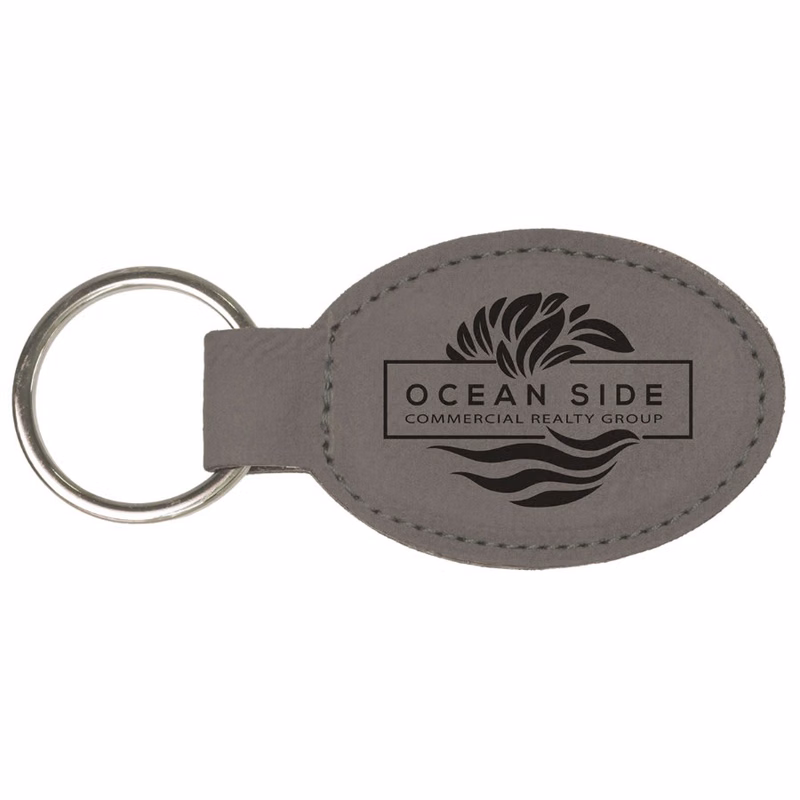 Gray Leatherette Oval Keychain