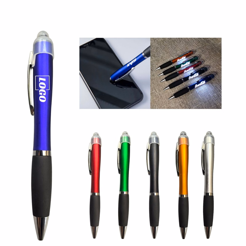 3-in-1 Plastic Ballpoint Pen w/Stylus & Logo LED Flashlight