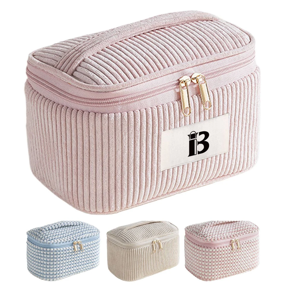 Large Capacity Corduroy Makeup Bag w/ Mesh Pocket 1