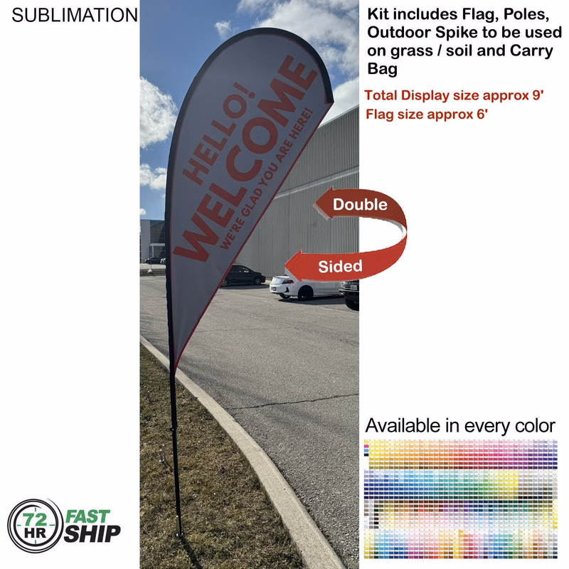 72 Hr Fast Ship - 9' Small Tear Drop Flag Kit, Full Color Graphics Double Sided, Spike and Bag