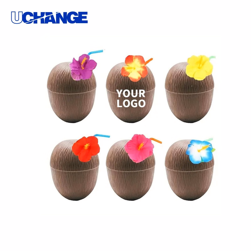 Coconut Party Cup 16 Oz with Twist Lid and Flower Straw