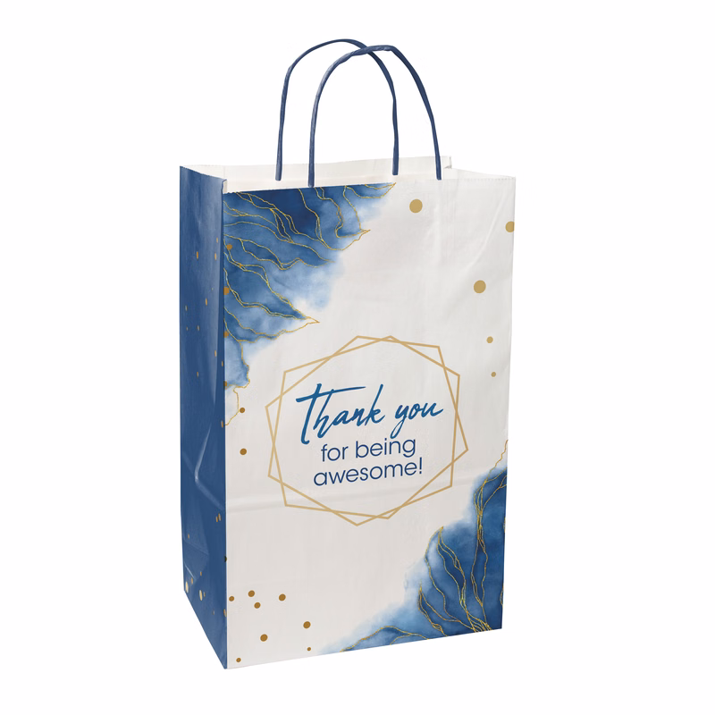 Multi-sided Full Color White Shopper Paper Bag - Blue Handle (8.5" x 13.375" x 5")