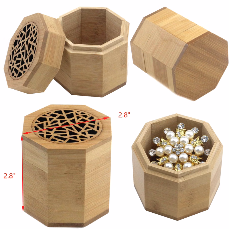 2.8 x 2.8 x 1.1 Inches Craft Bamboo Box with Elegant Hollow Out Lid