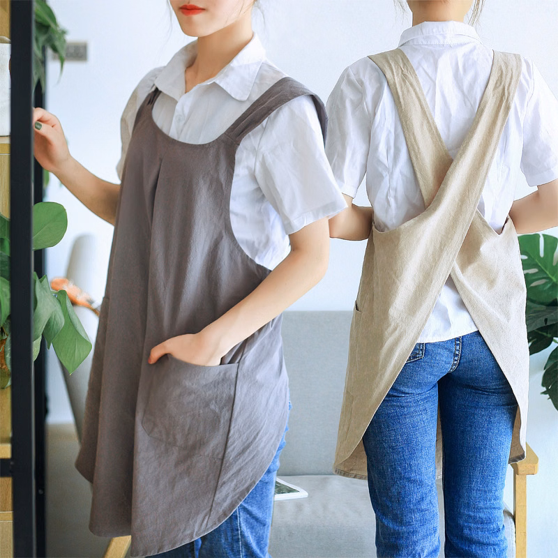 Linen Cotton Cross Back Pinafore Apron with Pockets