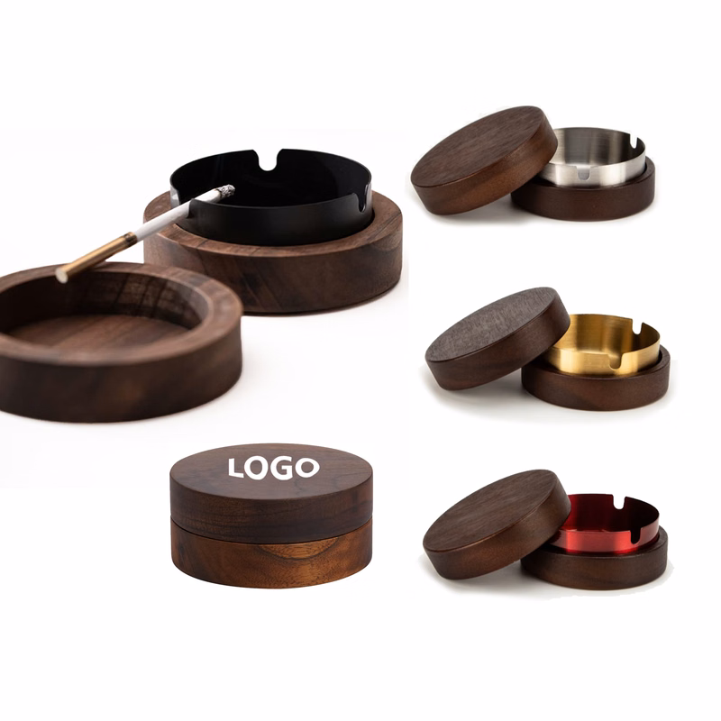 Round Walnut Wood Covered Metal Ashtray