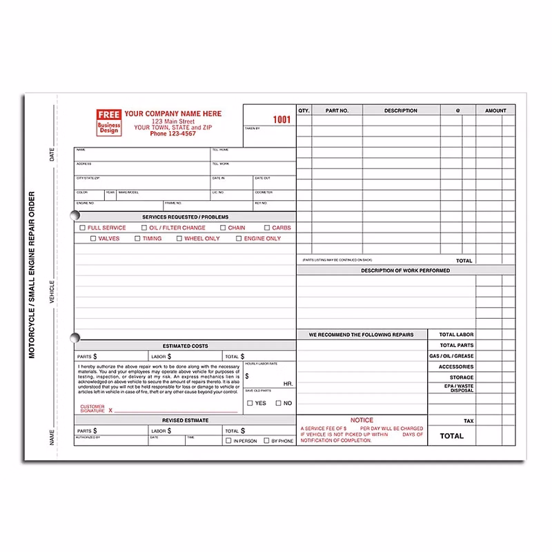 Motorcycle - Small Engine Repair Order Forms