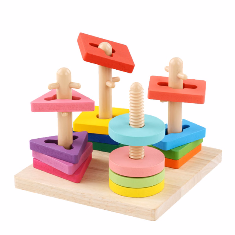 Wooden Toys With 4 Kinds Of Shapes And Pillars.