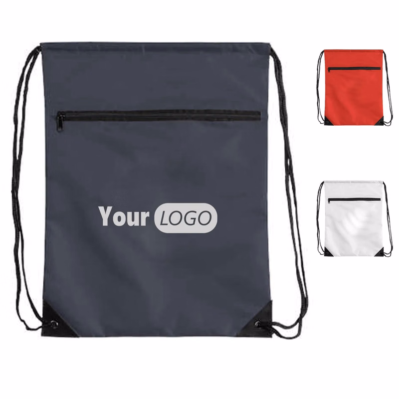 Polyester Black Zipper Pocket 14"X17" Drawstring Bag