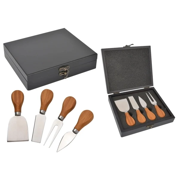 Gourmet four piece cheese knife set with wood case 1