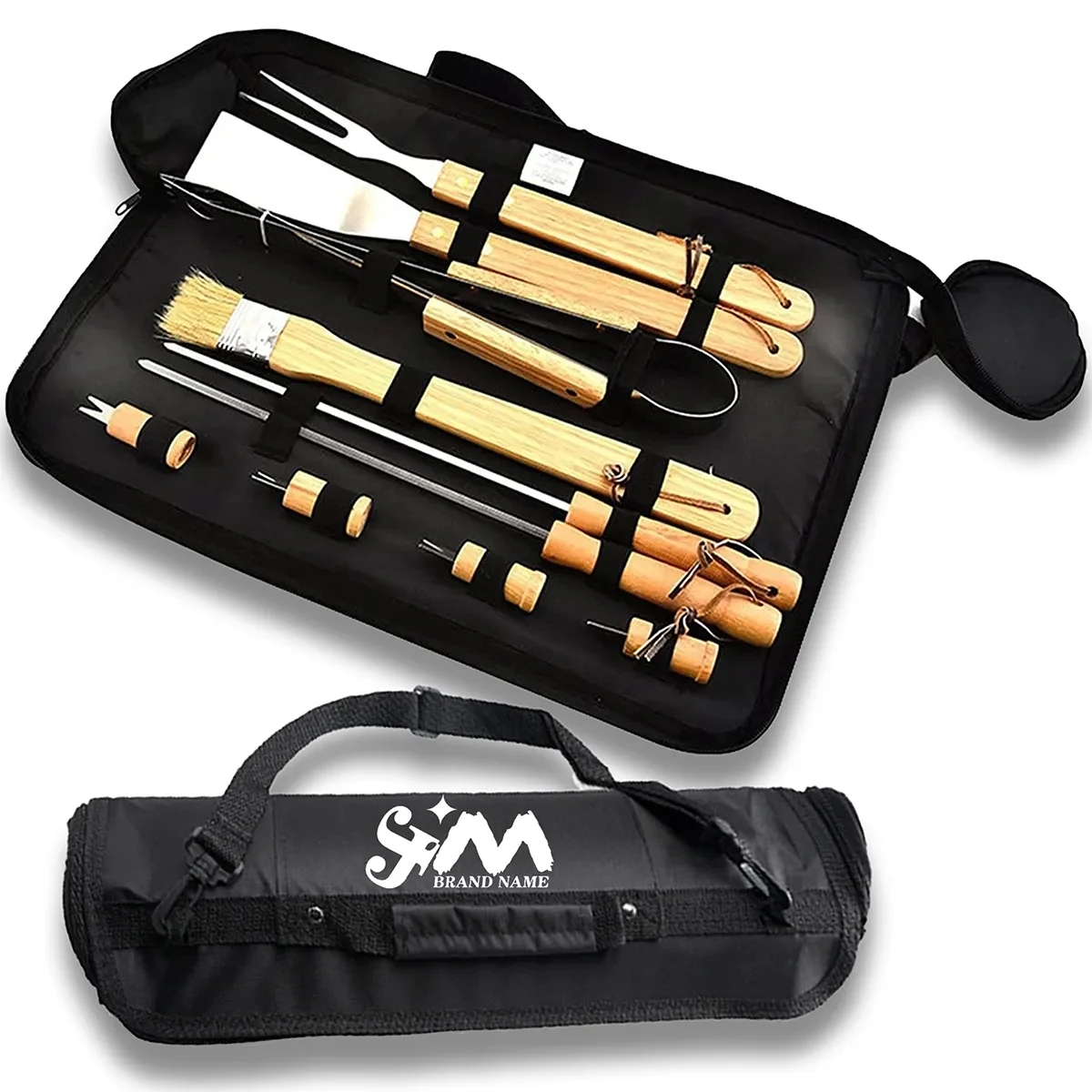 Outdoor Picnic Camping Wooden Handle Stainless Steel BBQ Set 1