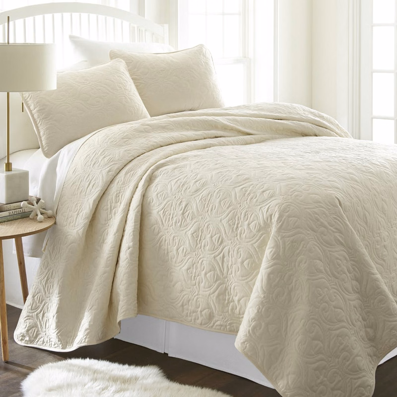 Premium Quilted Coverlet Sets - Ivory Twin Damask Pattern 2 Piece