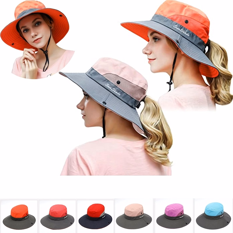 Women Ponytail Summer Sun Hat Uv Protection Wide Brim