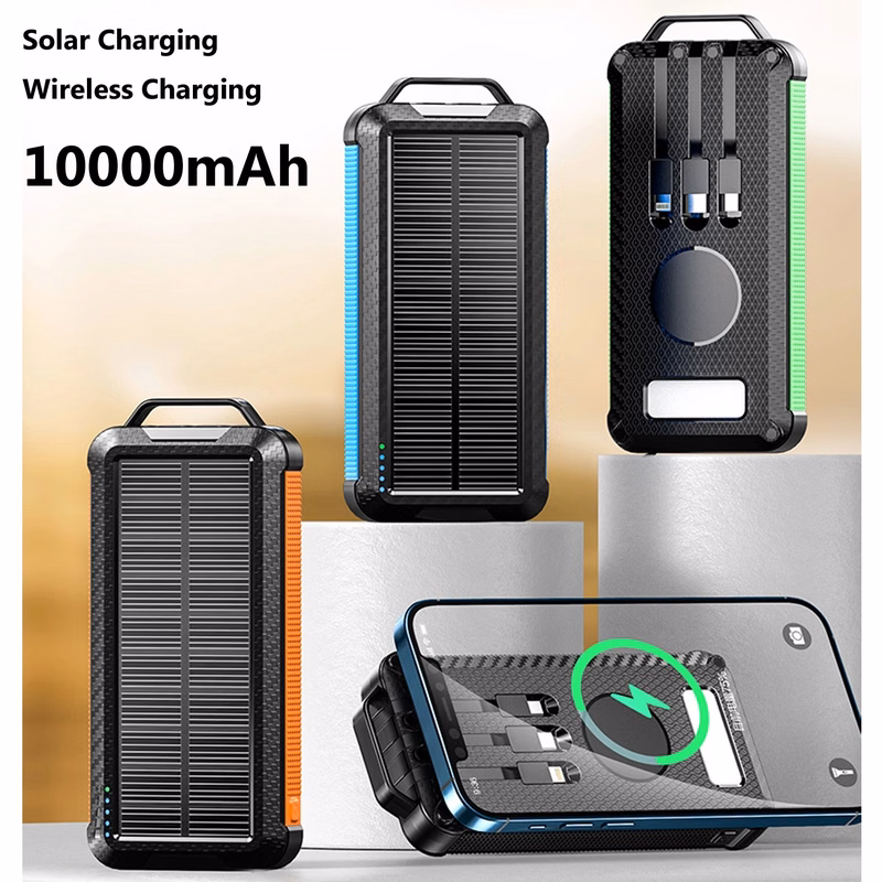 Wireless Solar Mobile  Power Bank 10000mah With Cable