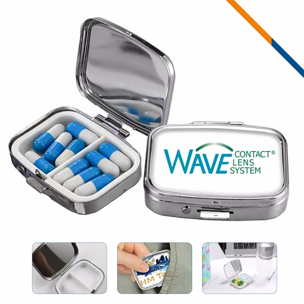 Custom Stainless Steel Compact Pill Box with Mirror — Medication Organizer for Travel