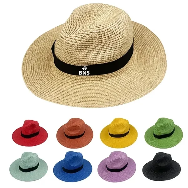 Women Wide Brim Straw Panama Fedora Beach Sun Hat 1