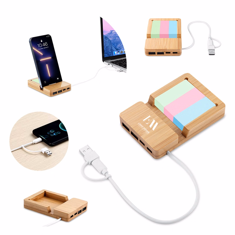 Bamboo Desk Organizer & Phone Stand with USB Type-C Hub Port