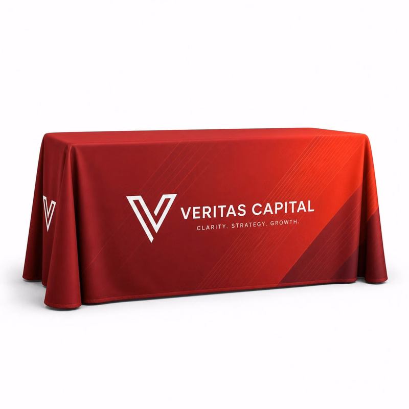 Sublimated PREMIUM Table Cloth for 6' table, Drape style, 4 sided, Closed Back, Rounded Corners