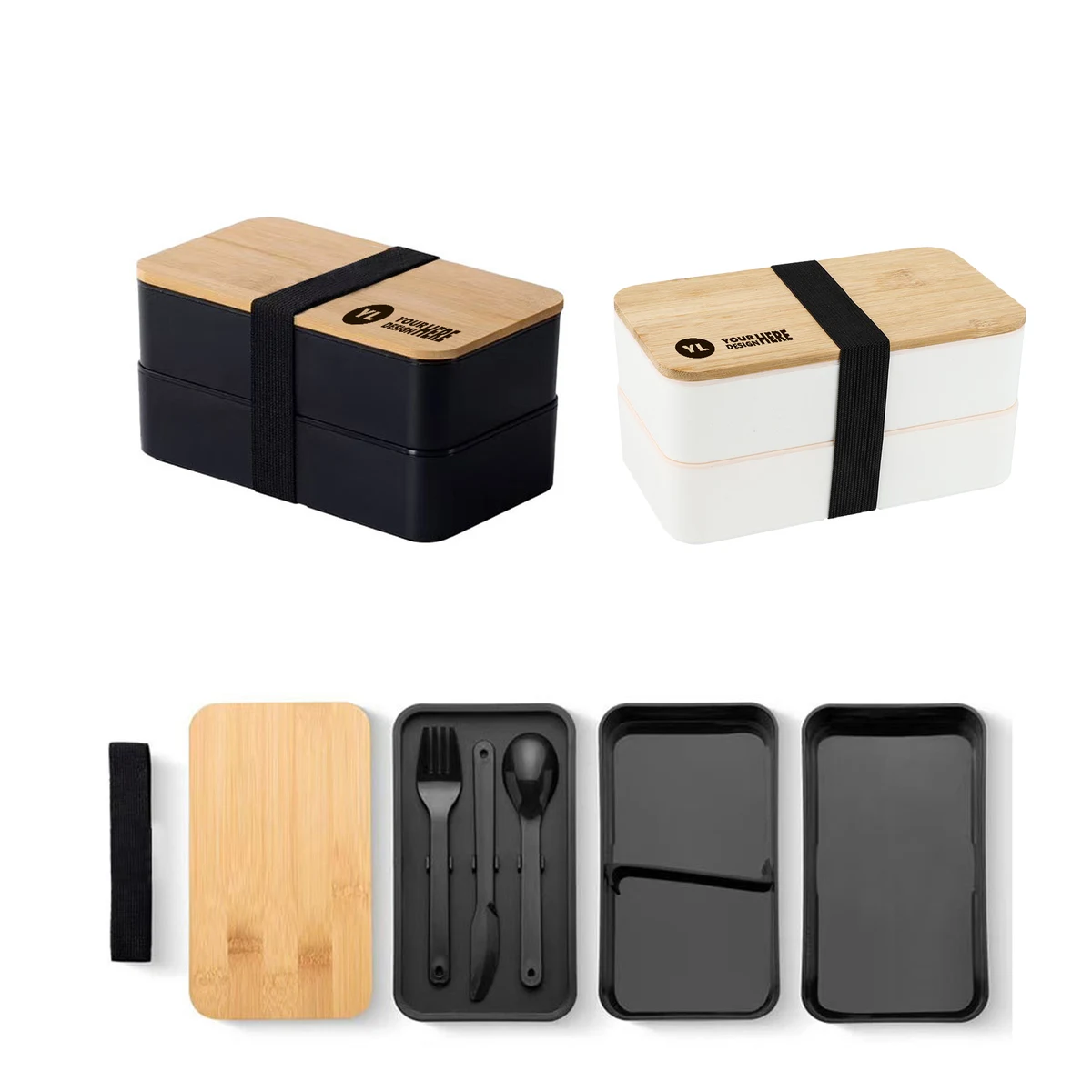 Portable Double-Layer Bamboo Lid PP Bento Box 1