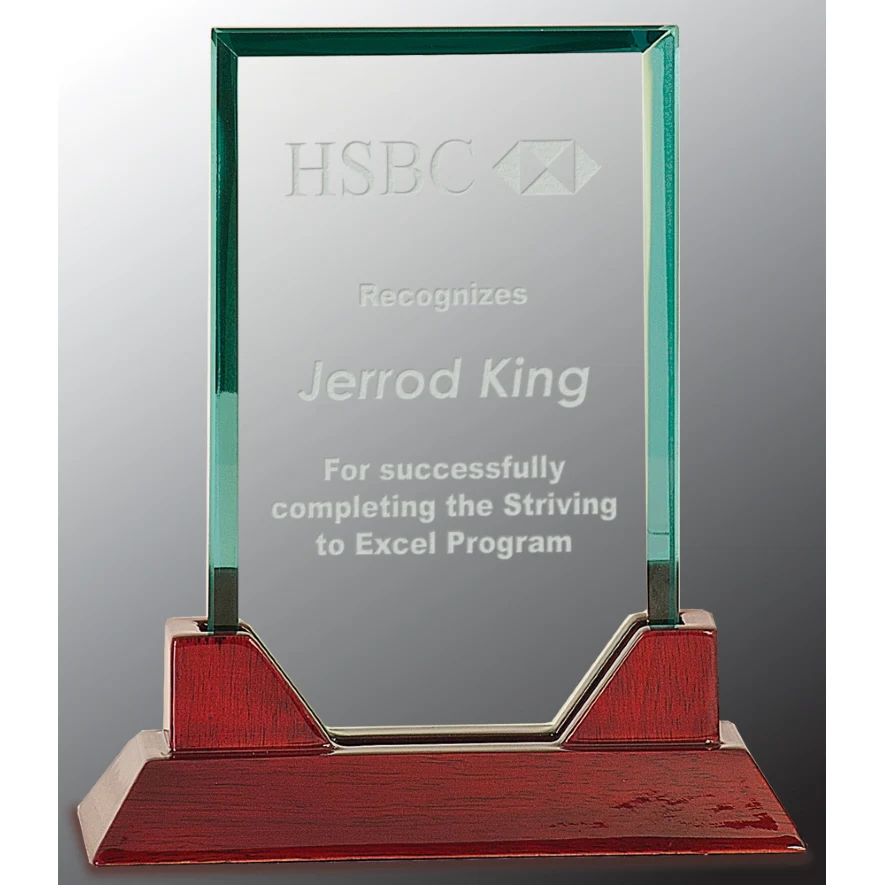 7 3/4" Jade Rectangle Prestige Glass Award with Rosewood Piano Finish Base 1