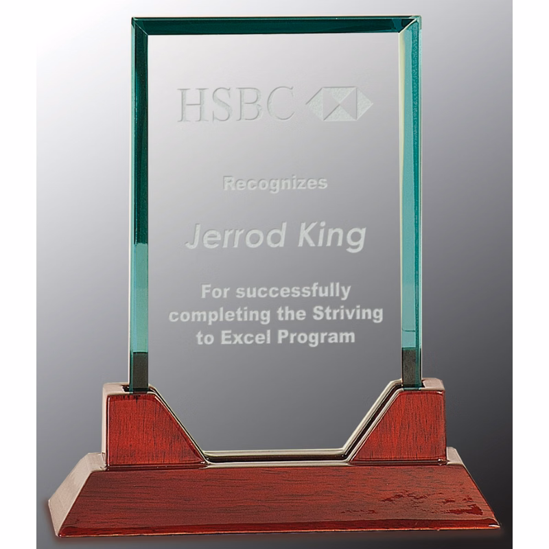 7 3/4" Jade Rectangle Prestige Glass Award with Rosewood Piano Finish Base